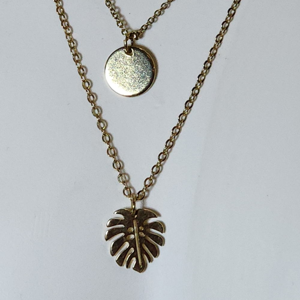 Dainty Layered 2-Strand Necklace with Monstera Leaf and Circle Charm Pendants